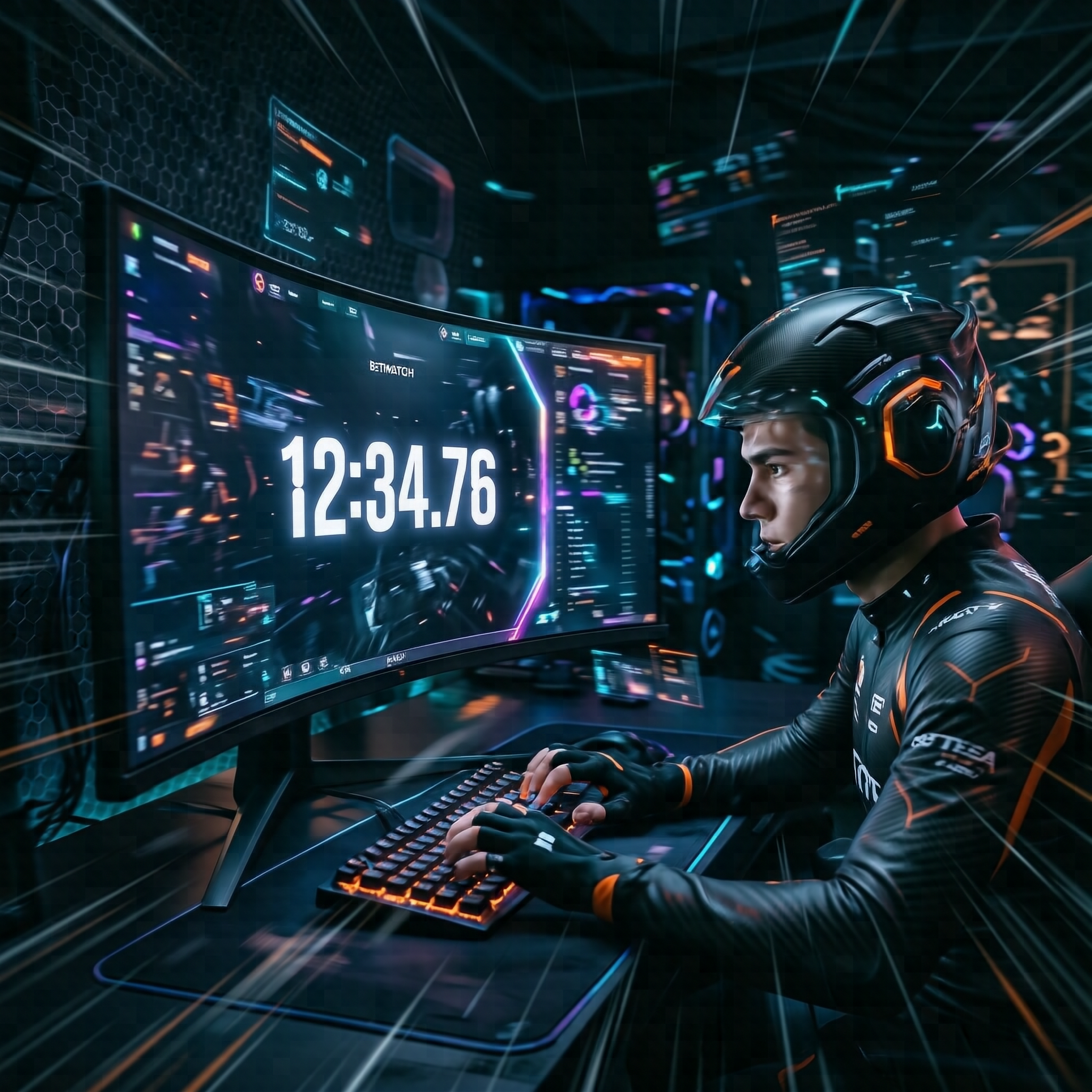 betmatch játékos hatalmas rekordot dönt meg neon narancssárga fényekkel egy modern esports arénában